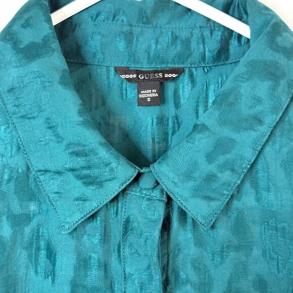 Guess Animal Print Satin Sheer Retro Balloon Sleeves Blouse Womens S Green Teal - Picture 2 of 9